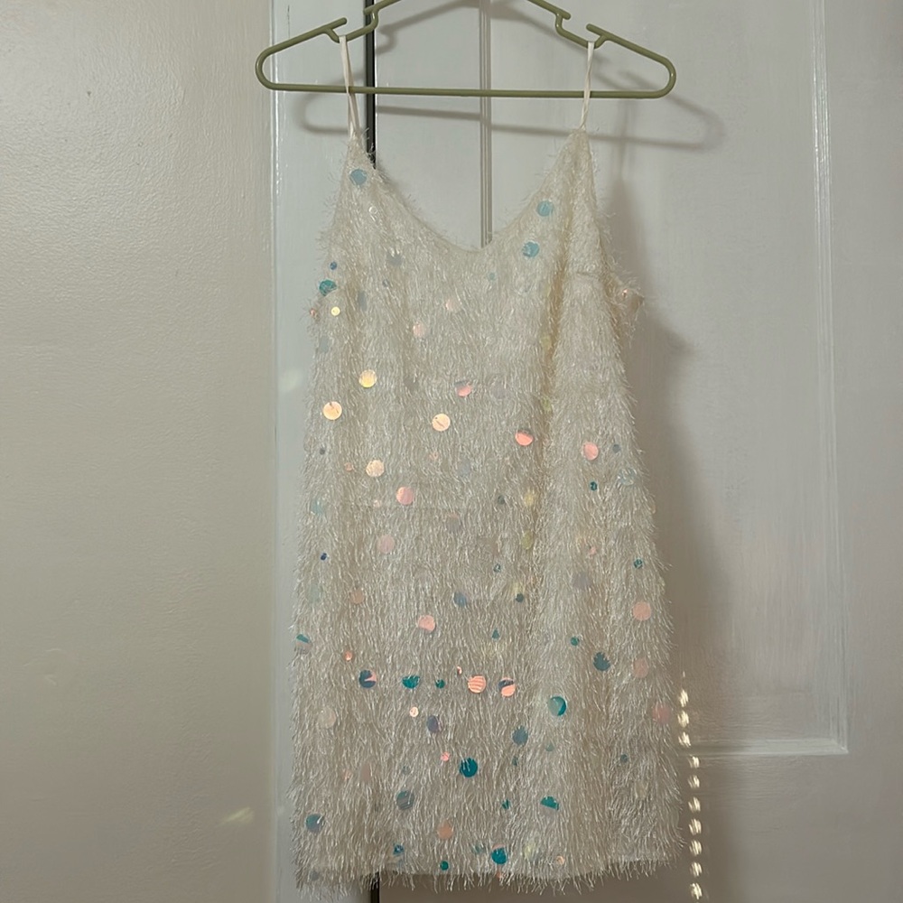 White Fringe Iridescent Sequin Sleeveless Mini Party Dress